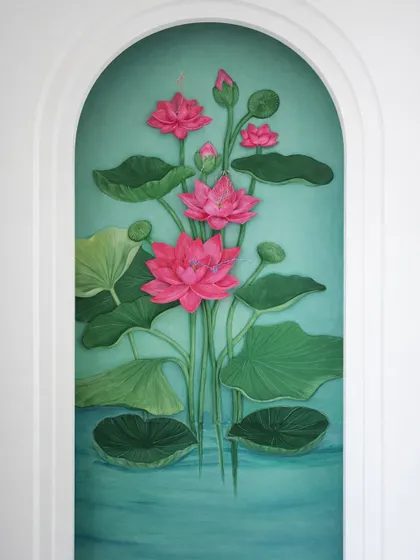 Designed for a sacred space, this 3D lotus mural is set within an arched niche to create a feeling of peace and serenity. The vibrant colors and sculpted petals are designed to interact with light, bringing a sense of calm to the room.