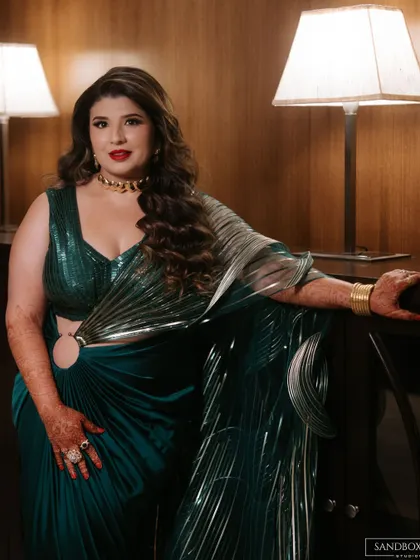 A confident and beautiful bride ready for her reception. Her unique, metallic-accented saree is a perfect example of modern bridal fashion.