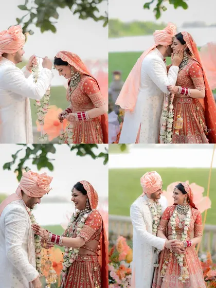 A four-part story of the Varmala ceremony, showing the playful attempts, the successful exchange, and the happy moments that follow.