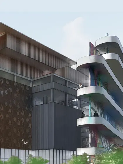 Another view of the COE proposal, showing the dynamic interplay of different facade treatments, including a textured skin and cantilevered balconies.