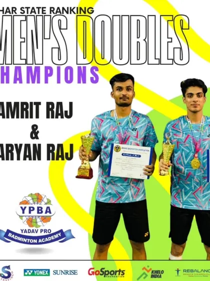 Amrit Raj and Aryan Raj winning the Men's Doubles title at the Bihar State Ranking tournament.
