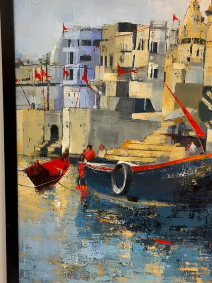 Another view of the 'Banaras Ghat' painting, focusing on the boats and the reflections in the water.