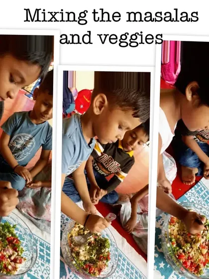 The children work together to mix the chickpeas, vegetables, and masalas. This collaborative process makes cooking a fun, social, and engaging learning experience.