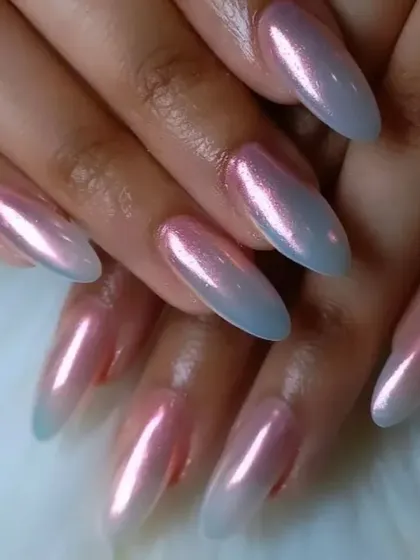 A dual-toned chrome effect, shifting from a soft pink to a cool blue for a unique, futuristic finish.