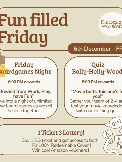 Our "Fun filled Friday" event poster, advertising a night of board games and a Bolly-Holly-Wood quiz. We always have something fun planned to kick off the weekend.