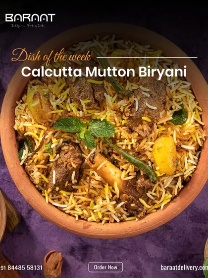 My Calcutta Mutton Biryani is a tribute to the city's royal culinary history. It features fragrant basmati rice, tender mutton, and the signature soft potato, slow-cooked to perfection.