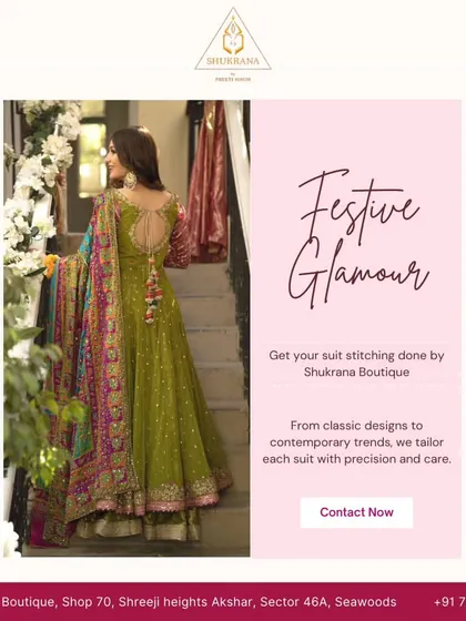 This image from my festive glamour collection features a stunning green Anarkali with a keyhole back design. I can tailor any suit with precision and care to ensure you look your best during the festive season.