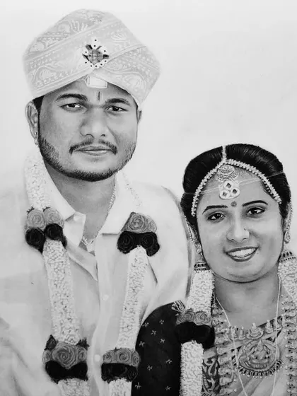 A traditional wedding portrait of a couple, drawn on A3 ivory paper. This piece took over 25 hours, focusing on the rich details of their wedding attire and garlands.