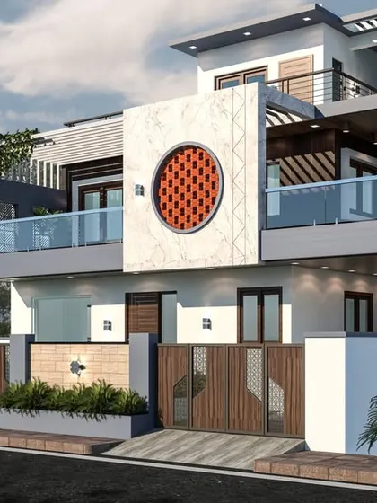 This is the same contemporary bungalow design, rendered to show how the structure appears from a slightly different angle, emphasizing the layered balconies and the relationship between the building and its boundary wall.