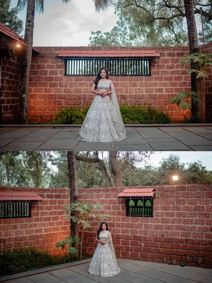 A collage of wide and full-length shots of the bride at her reception venue.