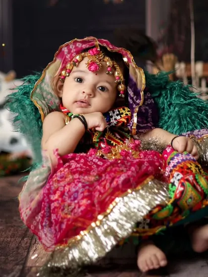 A little Radha in a beautiful, colorful outfit. Our Janmashtami themes are for little girls too!