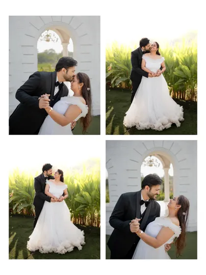 A collage of romantic moments from a pre-wedding shoot, showing the couple dancing and sharing a kiss, capturing their playful and loving relationship.