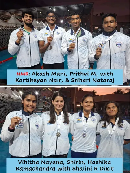A collage celebrating the relay teams' new meet record.