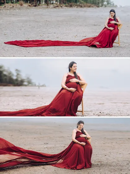 A dramatic three-panel collage of a mother-to-be on a beach, her long, flowing red dress spread out on the sand, creating a stunning visual.