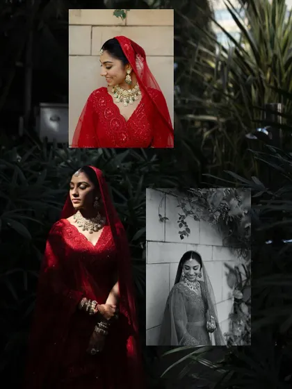 This moody and artistic collage plays with light and shadow, creating dramatic and elegant portraits of the bride in her red lehenga.