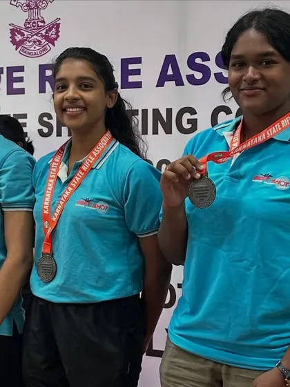 Our Sub-Youth Women's Air Rifle team proudly showing their bronze medals, a result of great teamwork.