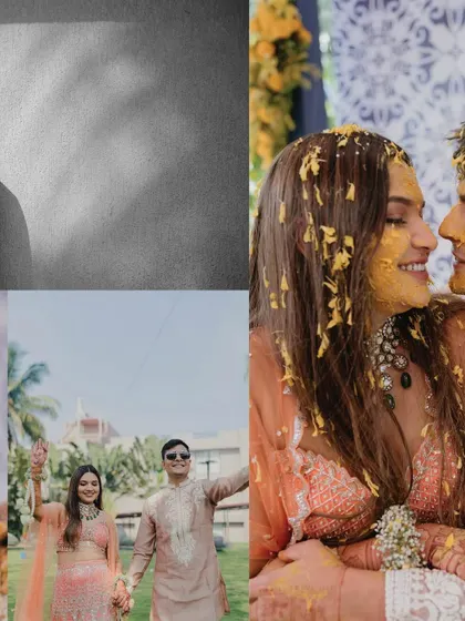 A creative collage blending black and white portraits with colourful, candid moments from the Haldi ceremony, telling a multi-faceted story of the day.