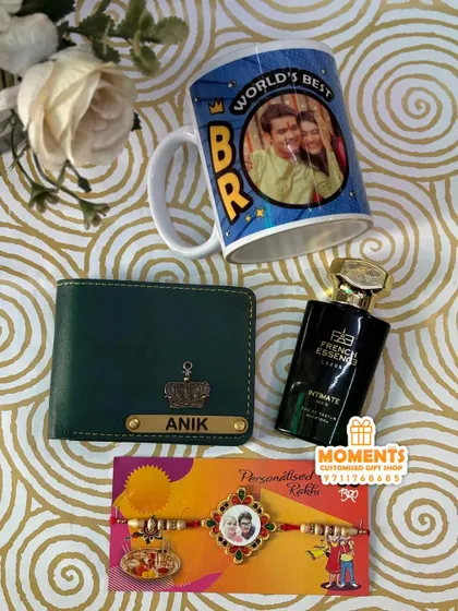 This premium Rakhi combo includes a personalized wallet, a photo mug, a French Essence perfume, and a custom metal photo rakhi.