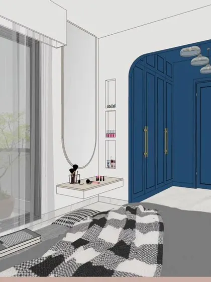 A render of the master bedroom, showing the view from the bed into the walk-in wardrobe area. We use 3D visualization to help you understand the flow and feel of the space.