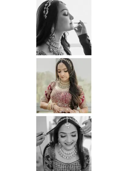 A vertical collage of the bride getting ready, showing the final touches to her hair and makeup. The black and white images add a timeless, classic feel.