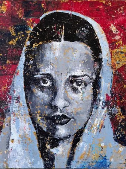 My homage to the brilliant artist Amrita Sher-Gil. Her expressive eyes and powerful presence were a challenge I enjoyed capturing with thick acrylic paint and a textured finish.