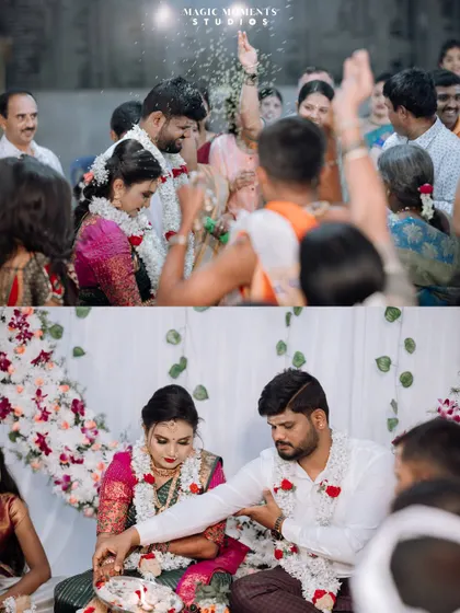 A collage showing different parts of the engagement ceremony, from the rituals to the blessings from elders.