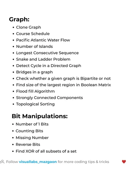 Key DSA interview questions related to Graphs and Bit Manipulations, including course schedules, detecting cycles, and counting bits.