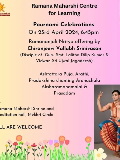 A Pournami celebration featuring a Ramananjali Nritya offering by a senior disciple. These performances at the Shrine are a core part of our students' spiritual and artistic practice.