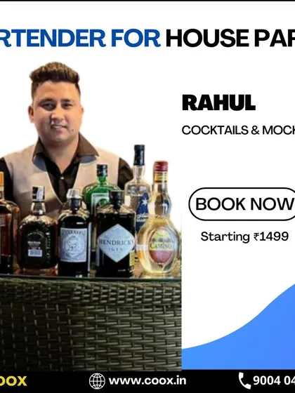 This is Rahul, one of my skilled bartenders, ready with a fully stocked bar setup. He is an expert in mixing a wide variety of cocktails and mocktails for any house party.