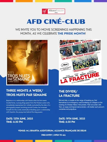 A poster announcing our Pride Month film screenings, featuring "Three Nights a Week" and "The Divide." We curate special film programs to celebrate and support the LGBTQIA+ community.