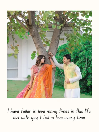 A romantic pre-wedding photo with a heartfelt quote. This style of image is perfect for sharing your love story with friends and family online.