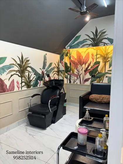 Another angle of the shampoo and pedicure area, showing the comfortable hair wash chair and pedicure station. The design ensures that even functional areas are aesthetically pleasing and contribute to the overall ambiance.