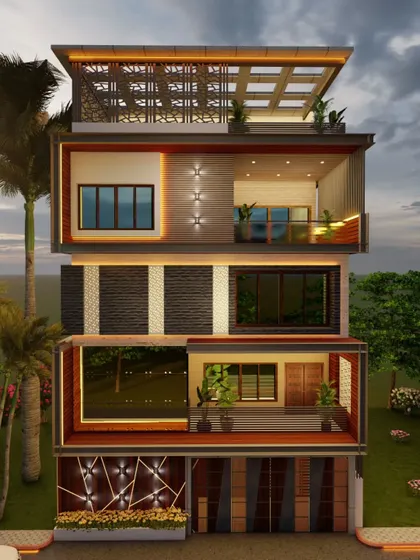 A frontal view of another design variation for the Nagarbhavi project, this time with vertical louvers and different balcony lighting.