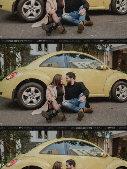 A collage of shots featuring a couple and a classic yellow Beetle, perfect for a retro-themed pre-wedding shoot in the city.