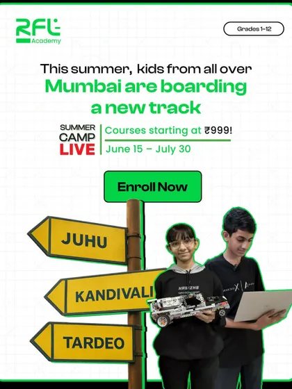 Don't let your kid miss the tech train. This poster announces our summer camp dates and locations in Mumbai, urging parents to enroll their child for a summer of future skills.