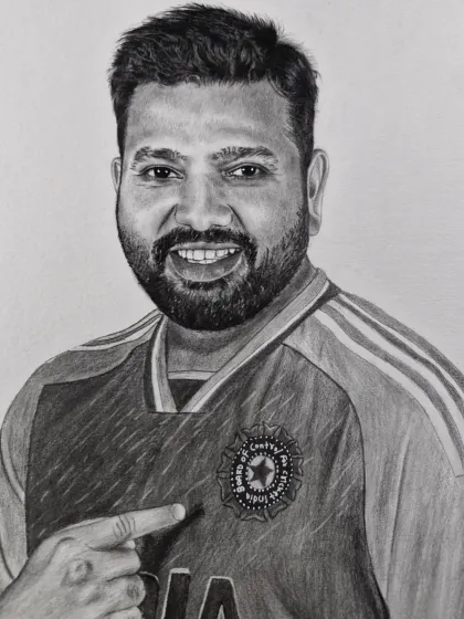 A portrait of Indian cricket champion Rohit Sharma, pointing to the team logo with pride. A perfect piece for any cricket fan.