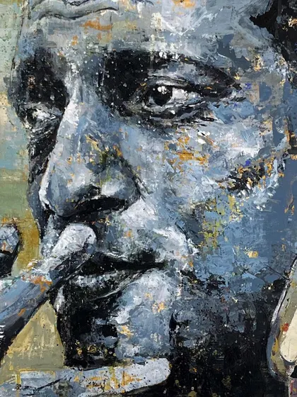 A detailed view of the face in my Satyajit Ray painting. The palette knife work creates sharp, defined planes that give the portrait a sculptural quality.