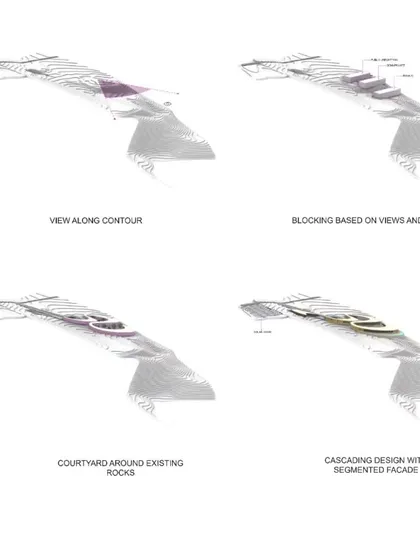 A diagram showing the design evolution of Amar Villa. We used computational analysis to determine the optimal form for maximizing views and responding to the site's contours and existing rock formations.