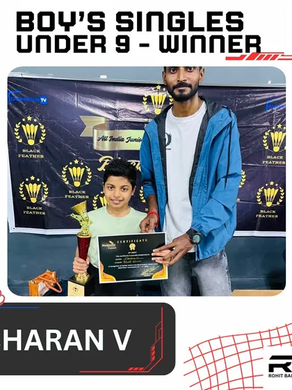 Charan V with another winner's trophy in the Boy's Singles Under 9 category. His early success is built on a strong foundation of footwork and grip.