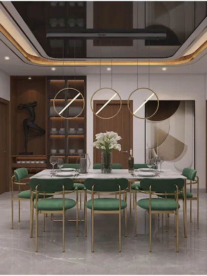 A duplicate of the elegant dining room concept with green chairs.