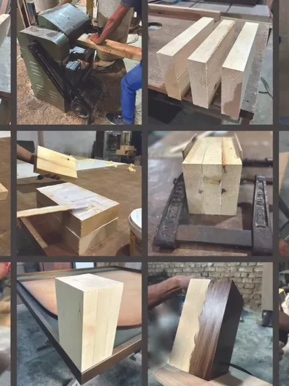 A collage showing the process of creating custom timber elements in a workshop, from raw blocks to glued, sanded, and finished pieces. This is the unseen craft behind the final building.