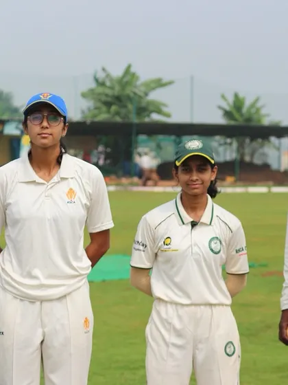 The two captains pose with the match officials before the start of play.
