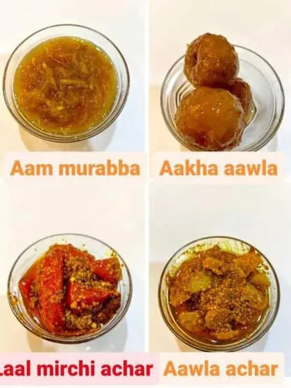 My menu includes both spicy pickles and sweet murabbas. Try my mango murabba, whole gooseberry preserve, red chilli pickle, or spicy gooseberry pickle.