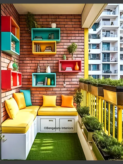 We transformed this Bangalore balcony into a vibrant oasis with a custom L-shaped bench with storage, and colorful, wall-mounted box shelves for plants and decor.