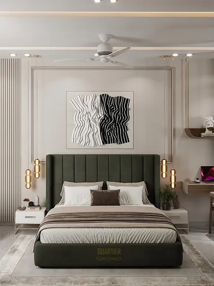 This master bedroom render showcases a design with a dark green upholstered headboard and a floating workstation. The use of fluted panels and classic molding adds texture and a touch of European charm.