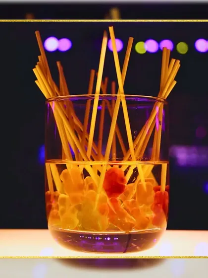 A close-up of our gummy bear stirrers. These playful and colorful details are perfect for adding a touch of whimsy to cocktails at a fun-loving event.
