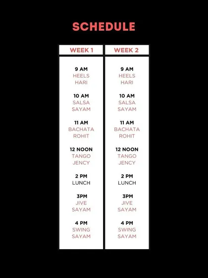 The detailed schedule for our 2-week "Dawn to Dusk" festival. Plan your days with back-to-back classes in a variety of exciting dance styles.