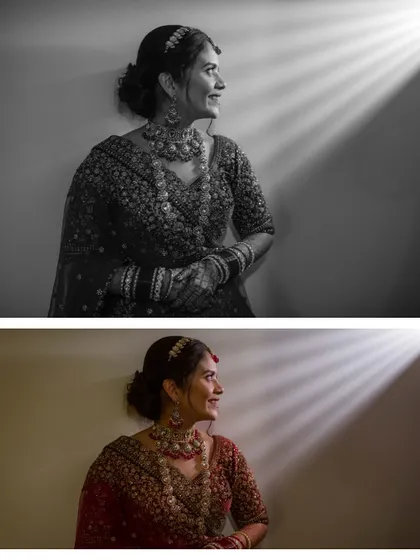 An artistic play of light and shadow. This diptych shows the bride in both black and white and color, with a beam of light creating a dramatic effect.