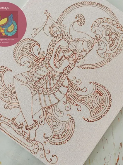 The clean brown outline of the Venugopala painting, ready for the first layer of color.