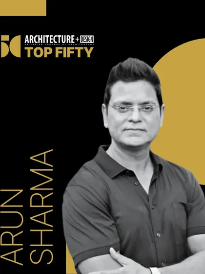 A graphic from Architecture + Design celebrating my inclusion in their "Top Fifty" list. The feature recognized my firm's philosophy of harmonizing art, architecture, and spirituality through the thoughtful use of light and materials.
